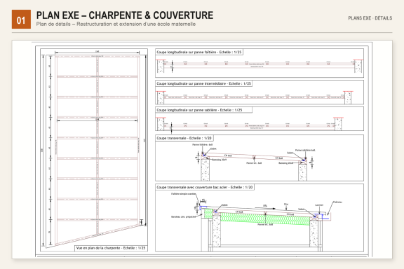 Plan EXE – Charpente et couverture Plan d’exécution charpente et couverture d’une école maternelle avec vue en plan et coupes techniques.