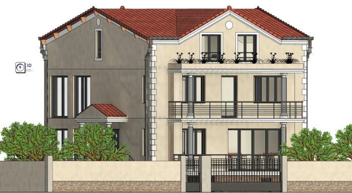 Extension et surélévation d'une maison individuelle Maison à deux étages avec balcons, toit rouge et mur clair, entourée de verdure.