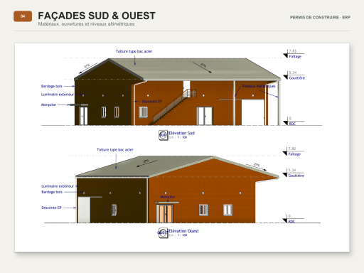 Façades Sud & Ouest – Bâtiment ERP Façades sud et ouest d’un bâtiment ERP avec bardage bois, ouvertures et niveaux altimétriques.