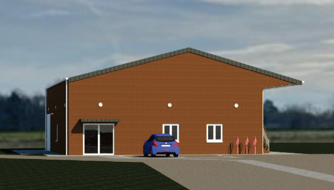 Construction d'un bâtiment agricole Construction moderne avec un bâtiment en bois et une voiture bleue garée devant.