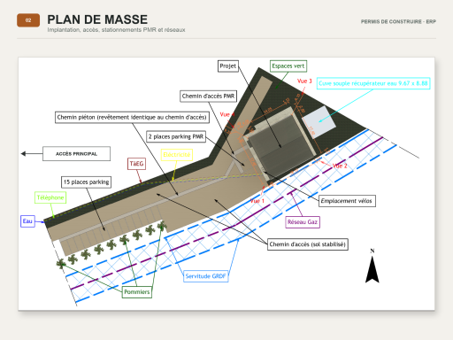 Plan de masse – Bâtiment ERP Plan de masse d’un projet de bâtiment ERP avec accès, stationnements PMR et réseaux.